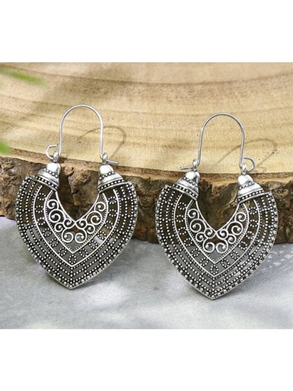 Boho Vintage-Style Silver Tone Tribal Earrings Hollowed Out Heart Design